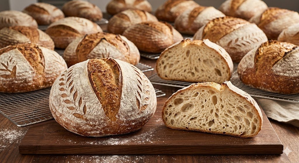 pan masa madre Sourdough loaves cooling on racks, one sliced open to show the open crumb